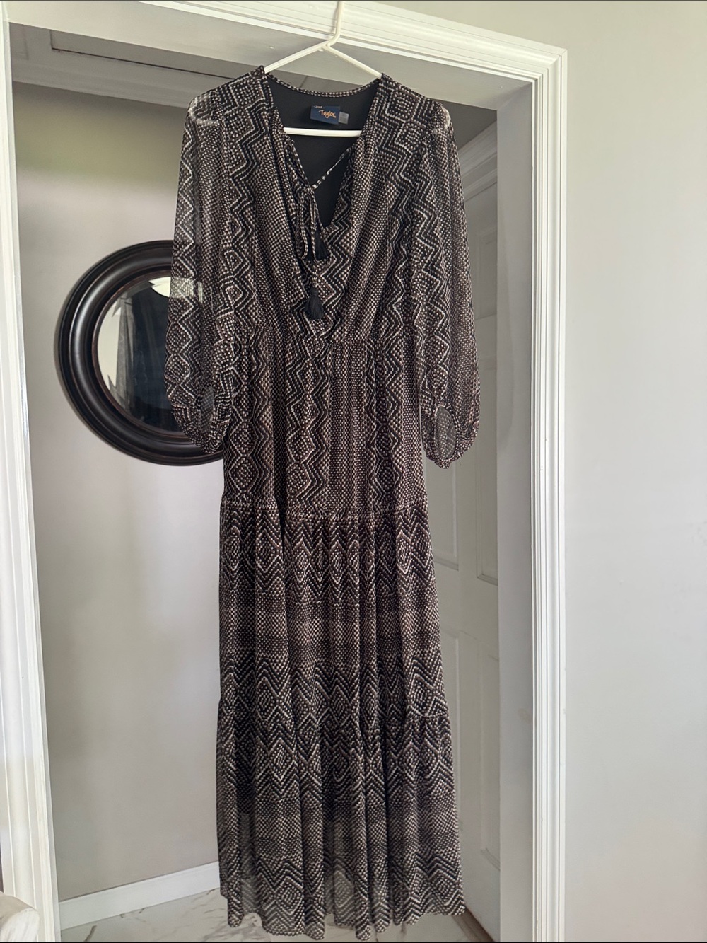 Just...Taylor Black & Cream Printed Tiered Maxi Dress with Tie Neck